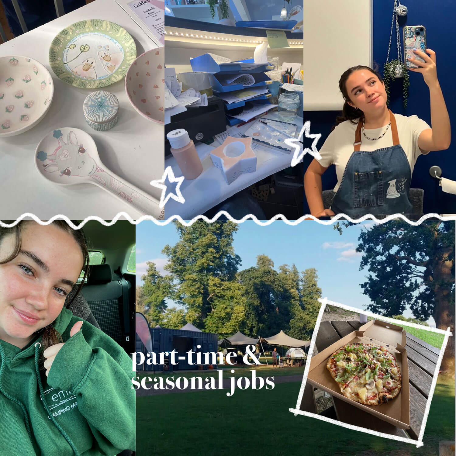 Montage of different jobs with the text 'part-time & seasonal jobs'