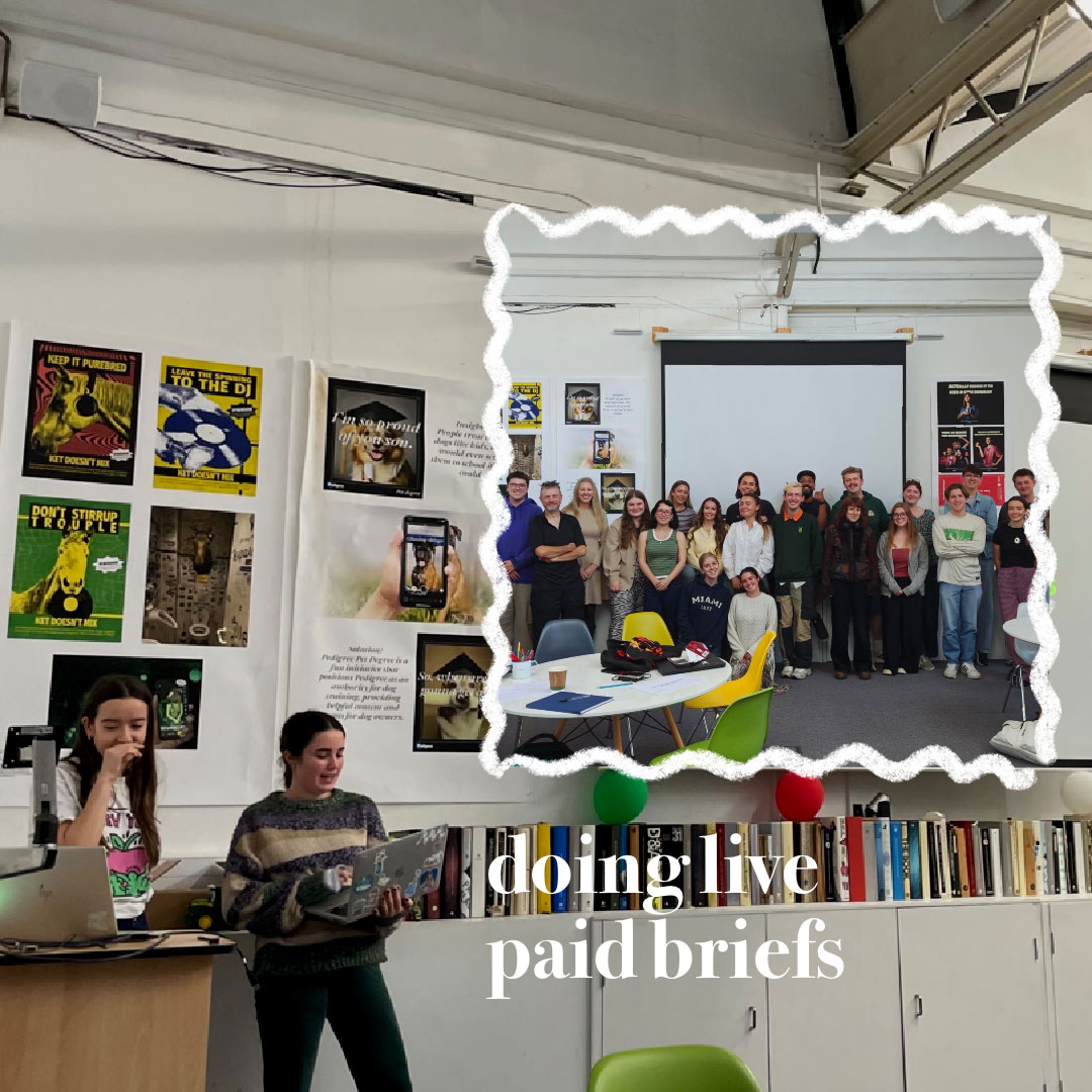 Two students presenting with the text 'doing live paid briefs'