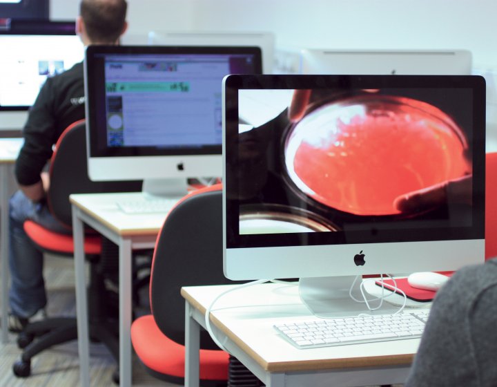 Rows of Apple Macs and students sat at some of them.