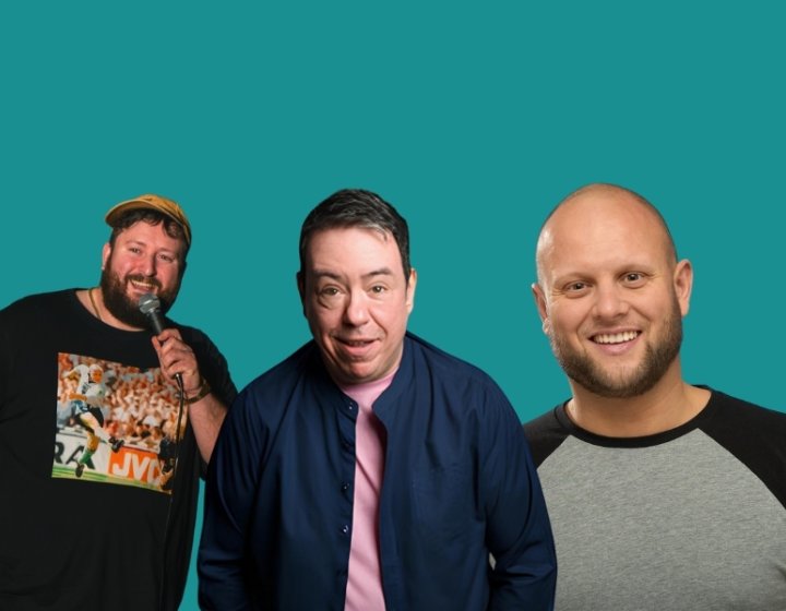 A photo montage of 3 comedians headshots against a sea green backdrop