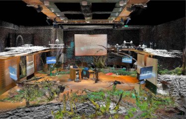 A photo montage of audio equipment and other buildings and objects around it
