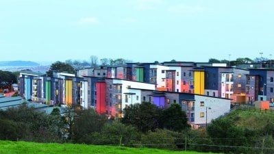 Colourful blocks of student accommodation on Penryn Campus
