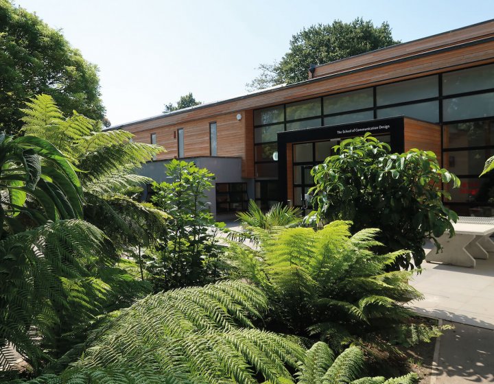 Exterior of Falmouth campus design building.