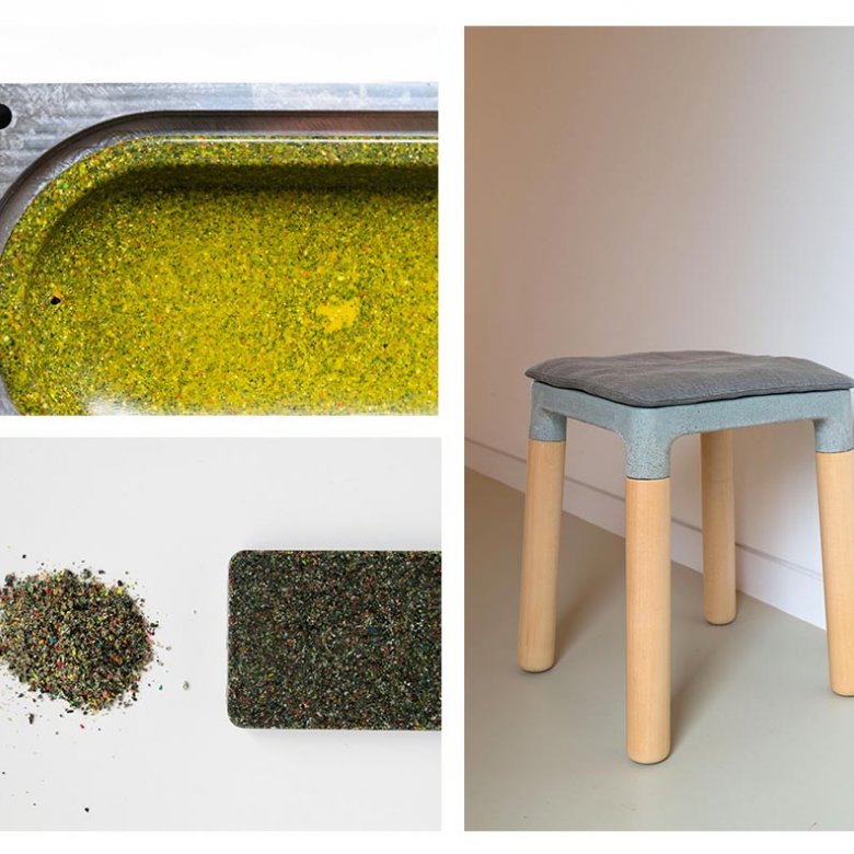 Montage of images of a stool and materials