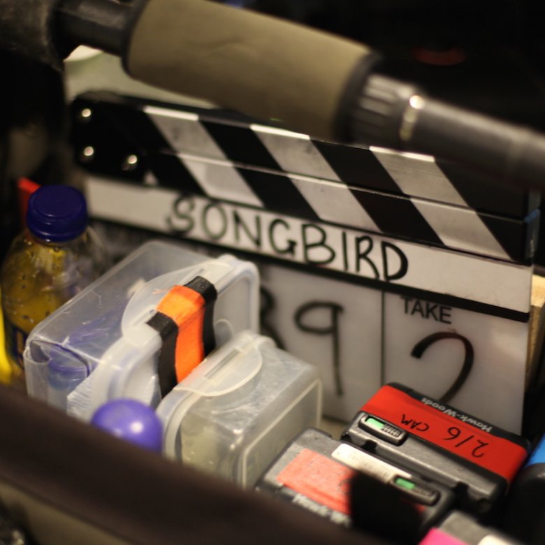 Close up of clapperboard with the word Songbird on it.