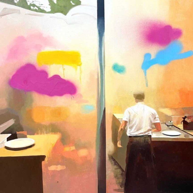 A painting of a chef with pink, yellow and blue splodges of paint 