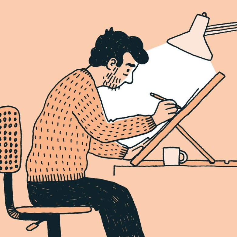 An illustration of a man sat at a desk drawing