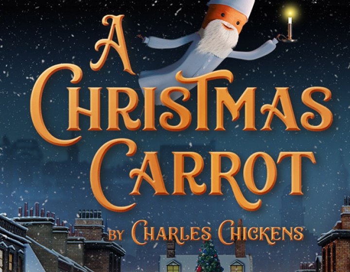 Animation of a carrot dressed in a night gown with 'A Christmas Carrot' text.