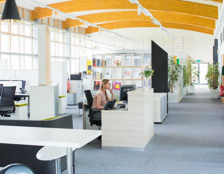 woman at a computer in an open-plan office