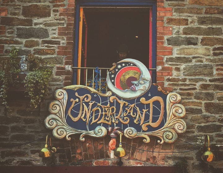 The circus-inspired sign hanging over bar and venue Underland in Falmouth