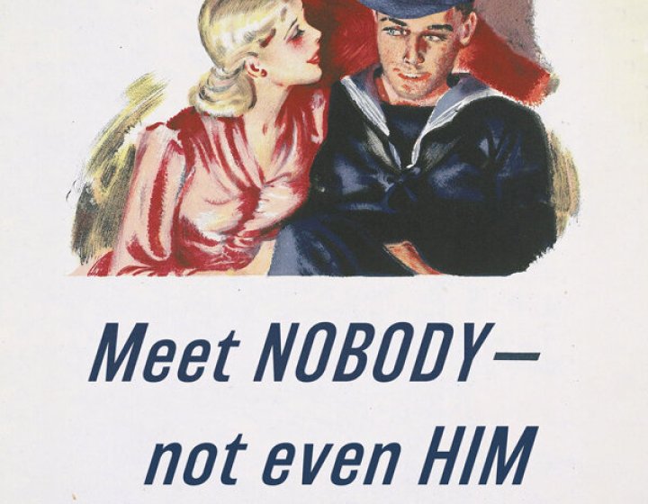 1940s style illustration of a man and woman flirting with the text 'Meet Nobody - not even him'