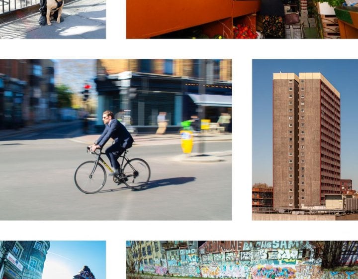 Photo montage of Bethnal Green with buildings and people