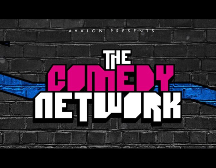 The Comedy Network logo on a background of black bricks with a blue zigzag going through the middle