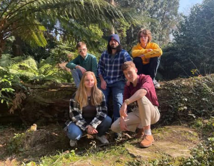 5 people sat on the floor in front of a tree trunk