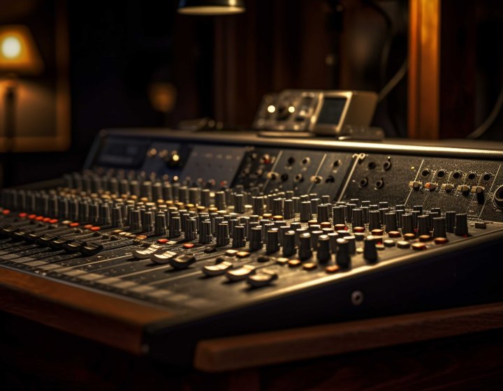 A recording studio mixing desk in dim lighting