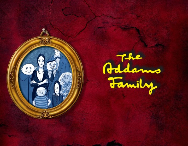 An illustrative image with a deep red textured background. There is a cartoon drawing of a family inside a wooden photo frame on the left with text on the right saying "The Addams Family"