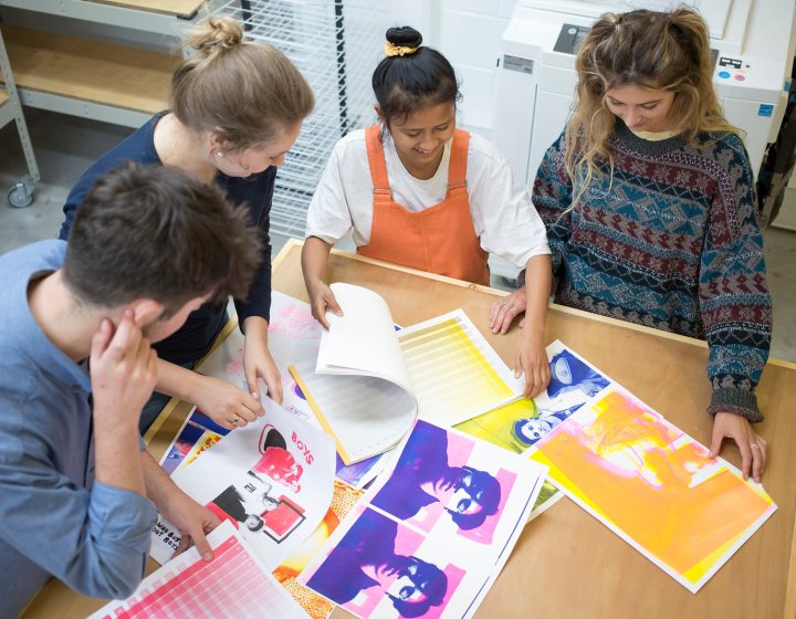 Students looking at work in studios