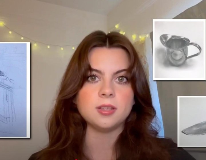 An image of a young woman talking to camera with examples of her artwork overlayed on the screen