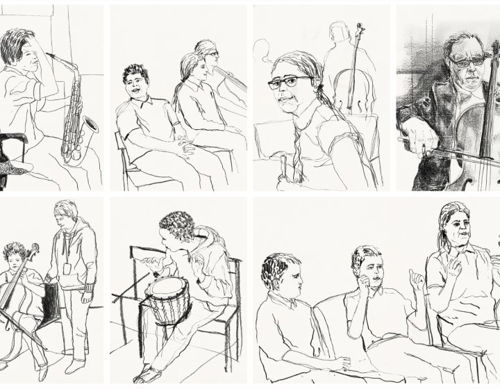 A series of line drawings of people doing activities