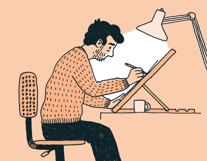 An illustration of a man sat at a desk drawing