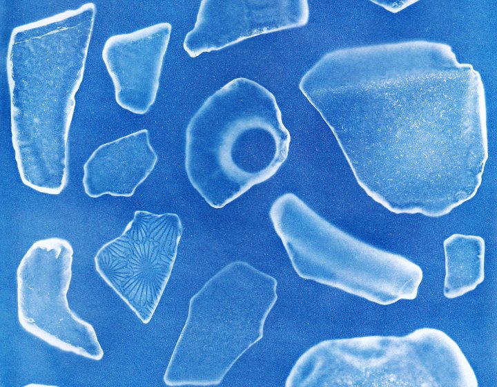 A microscopic view of unidentified fragments on a blue background