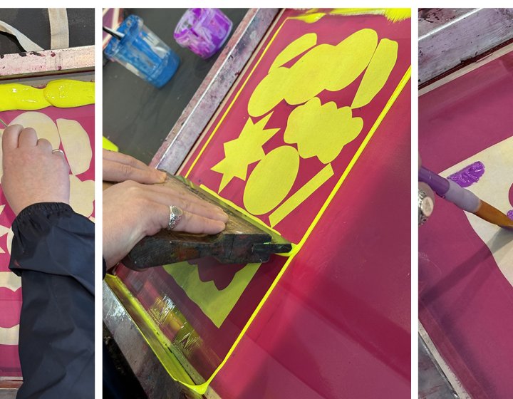 3 photos of screen printing in action on a tote bag