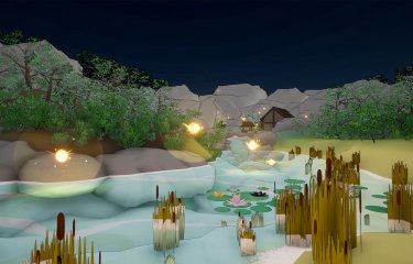 Still from a student game of a pond, reeds and rocks