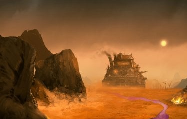 A game art still of a large tank in a rocky desert