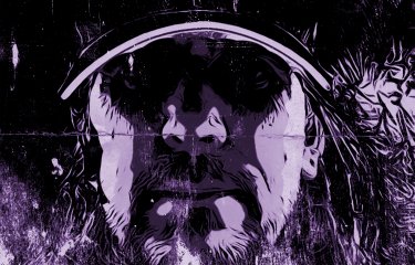 Black and purple artwork of a man in a cap