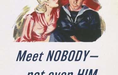 1940s style illustration of a man and woman flirting with the text 'Meet Nobody - not even him'