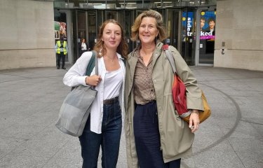Two Falmouth University students standing outside BBC London