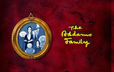 An illustrative image with a deep red textured background. There is a cartoon drawing of a family inside a wooden photo frame on the left with text on the right saying "The Addams Family"