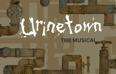 An illustrative image with brown and dark towns of pipework with the text 'Urinetown The Musical' in the centre