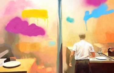 A painting of a chef with pink, yellow and blue splodges of paint 