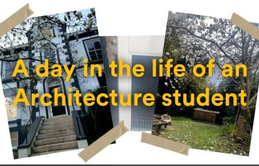 A photo of an old, white building and campus trees with the title 'A day in the life of an architecture student'