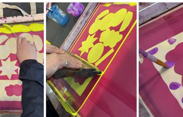 3 photos of screen printing in action on a tote bag