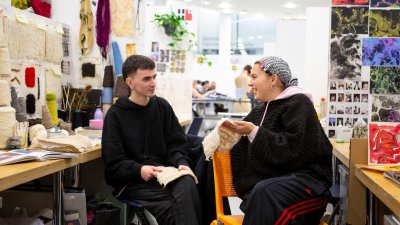 Two Textile Design students in the studio at Falmouth University