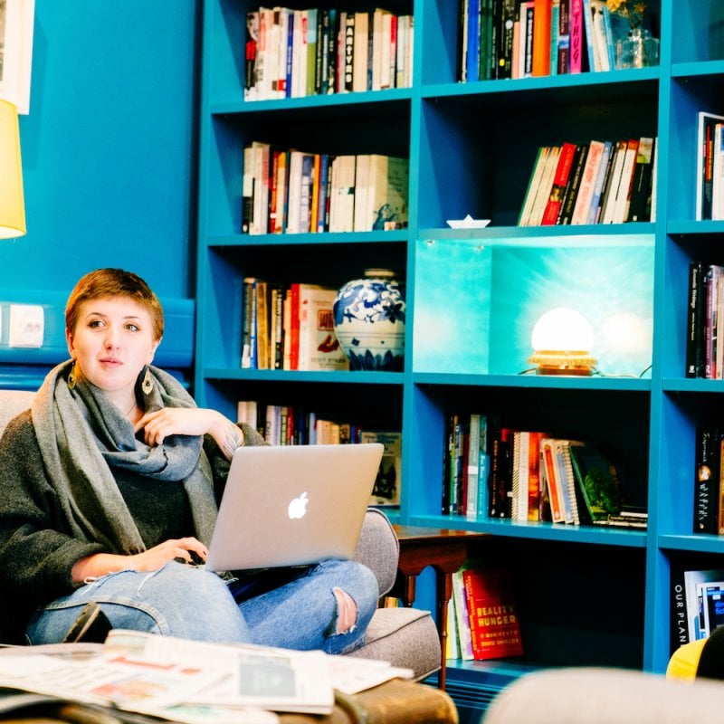 Student in the Lighthouse writers room at Falmouth University