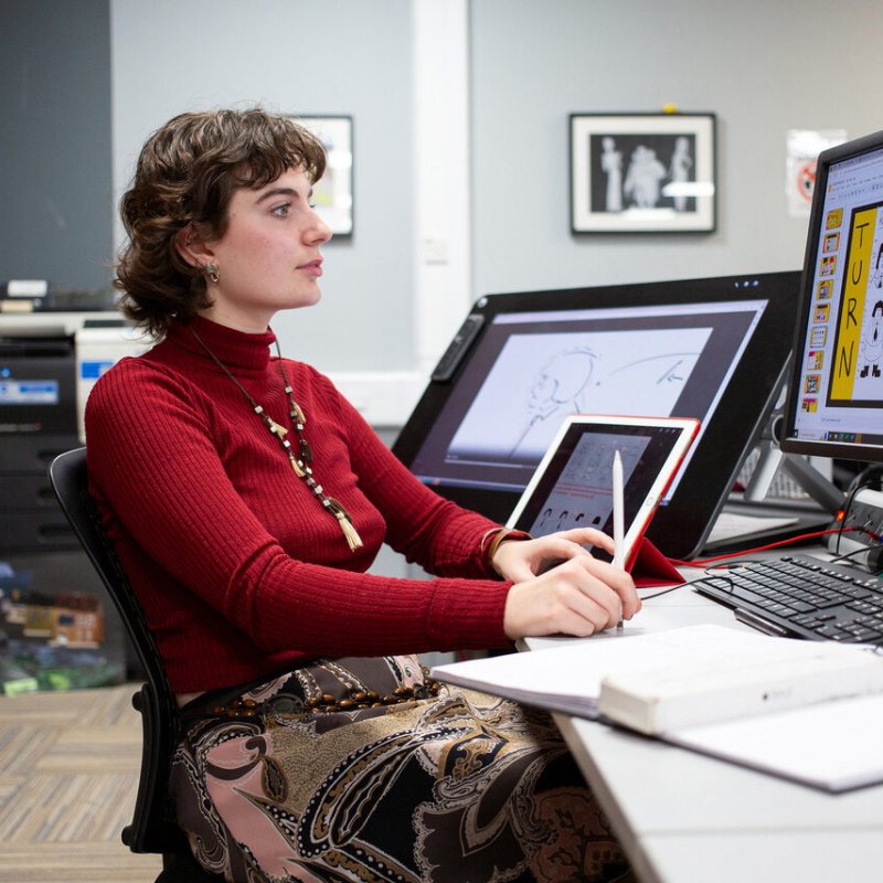 Falmouth University Animation student working at a computer