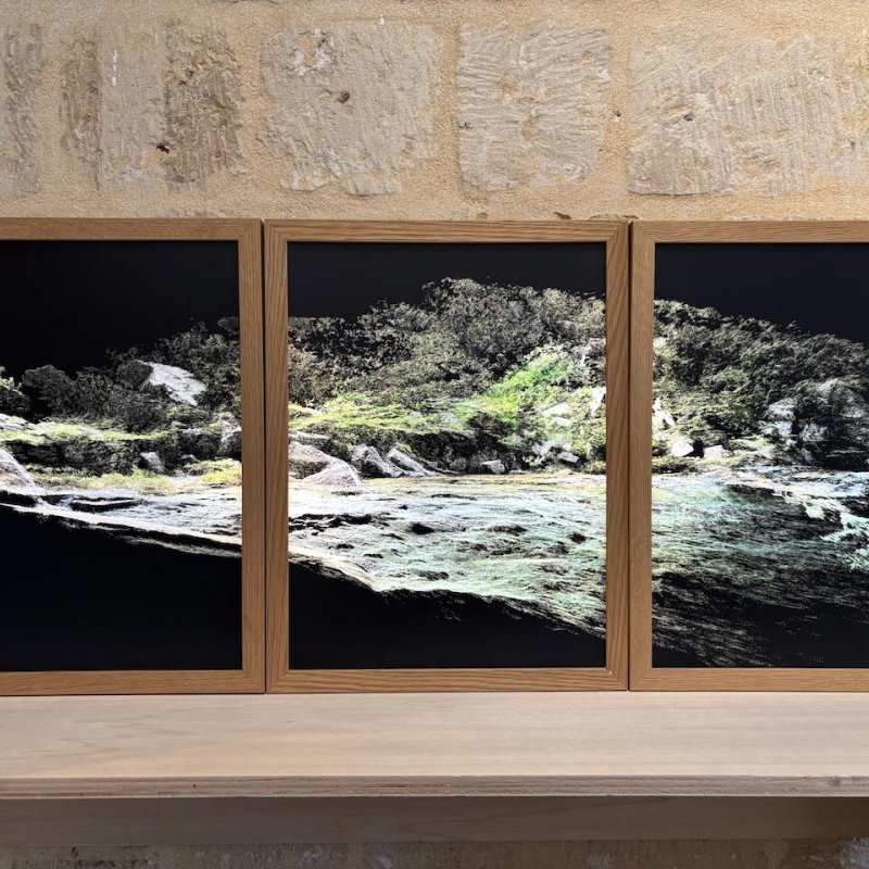 A photography triptych of a river and rocky bank