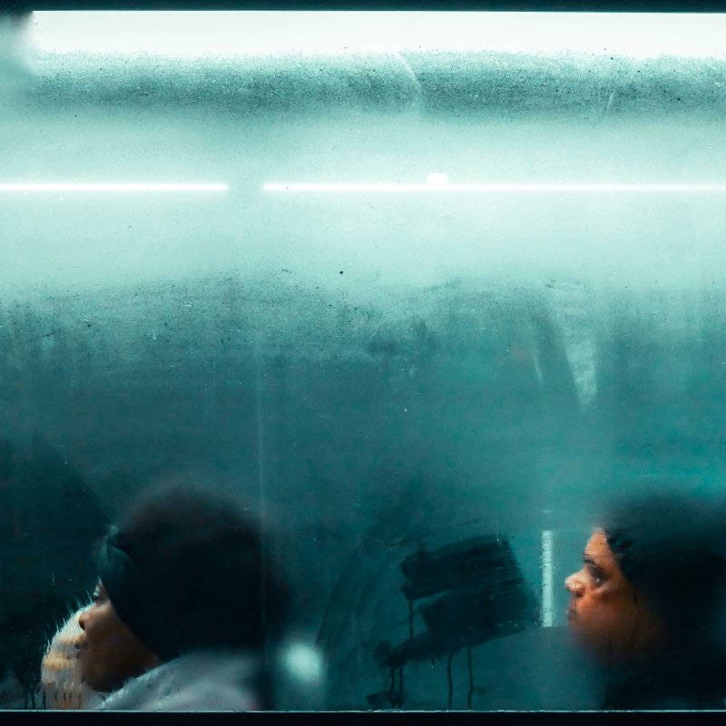 Two people sat on a bus photographed through a steamed-up window