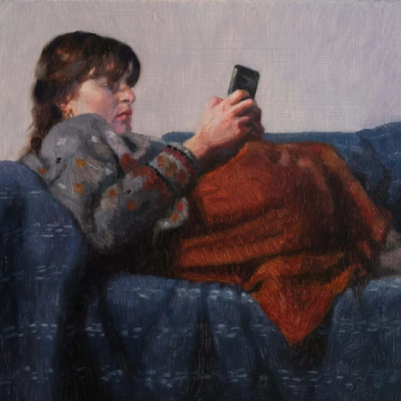 A painting of a woman on her phone 