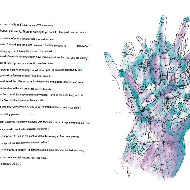 A drawing of a hand cluster with text