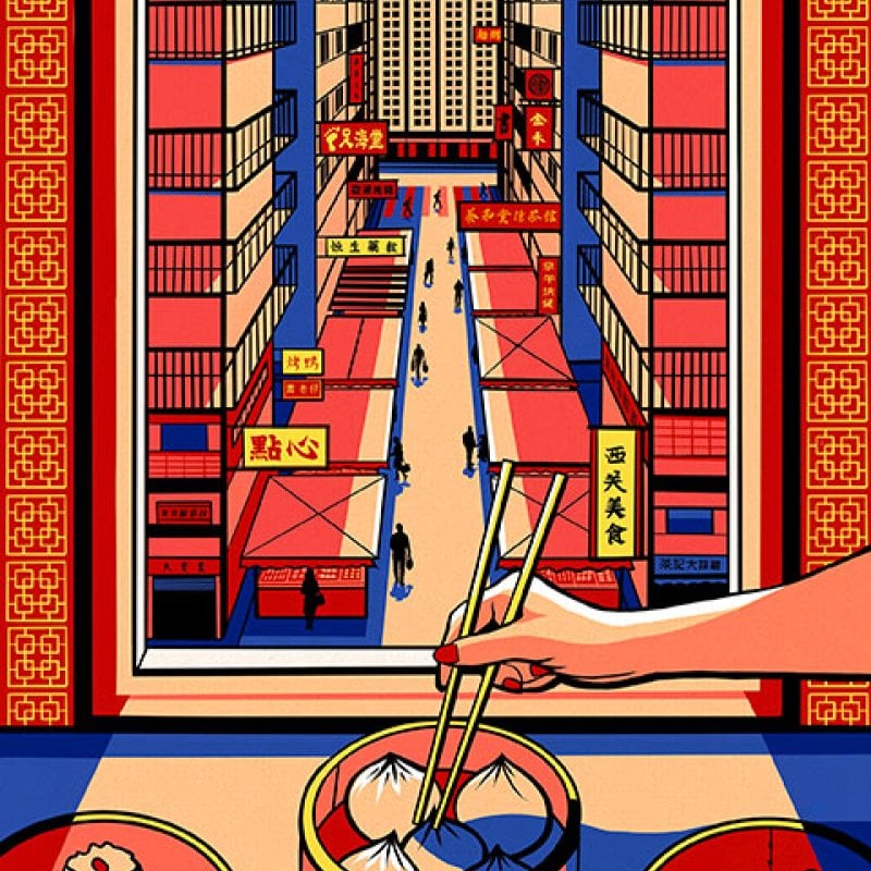 An illustration on a hand picking up a dumpling with some chopsticks, with a street in Hong Kong in the background