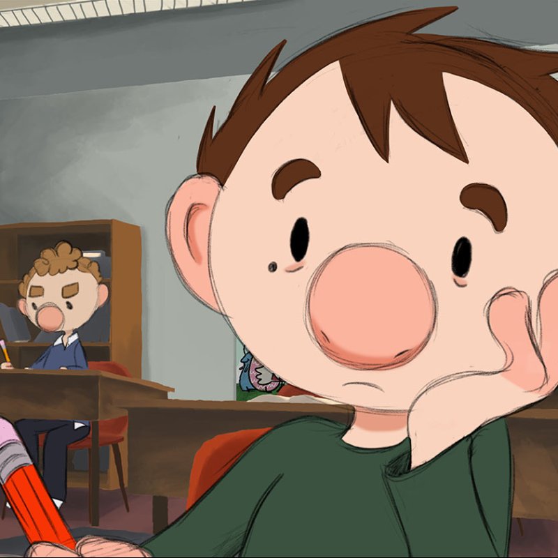 Animation of a boy in a classroom looking sad