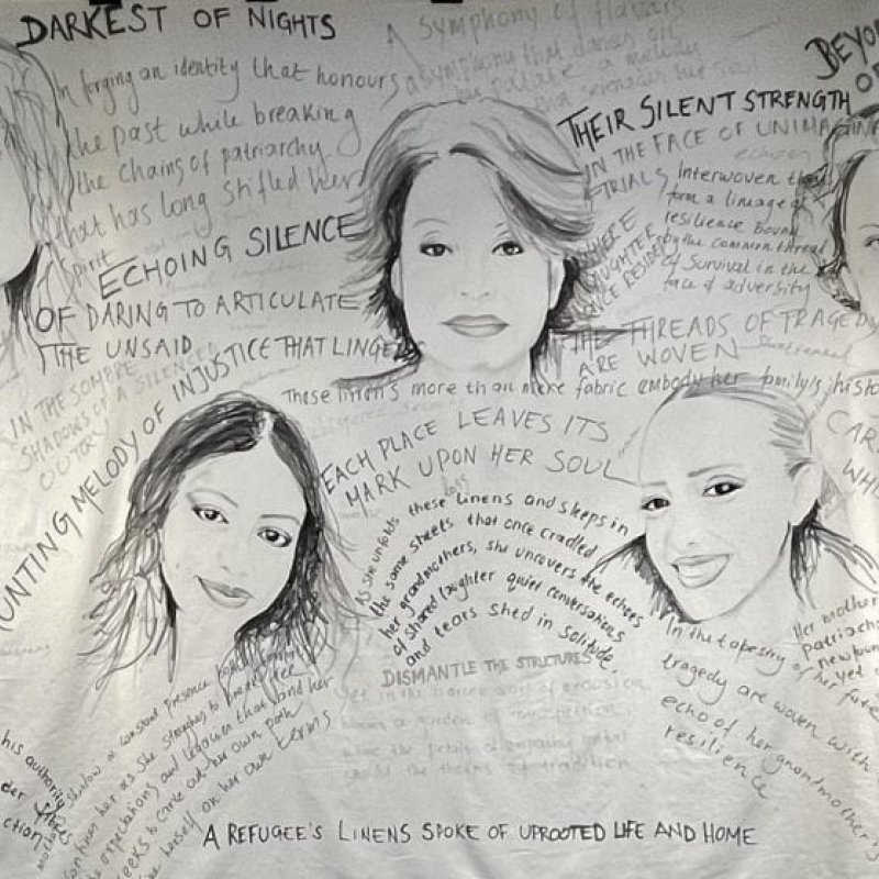 A sketch of womens' faces with text