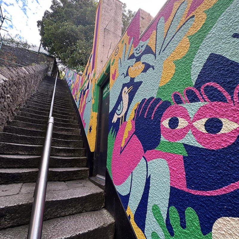 A flight of steep steps with a colourful mural on the wall