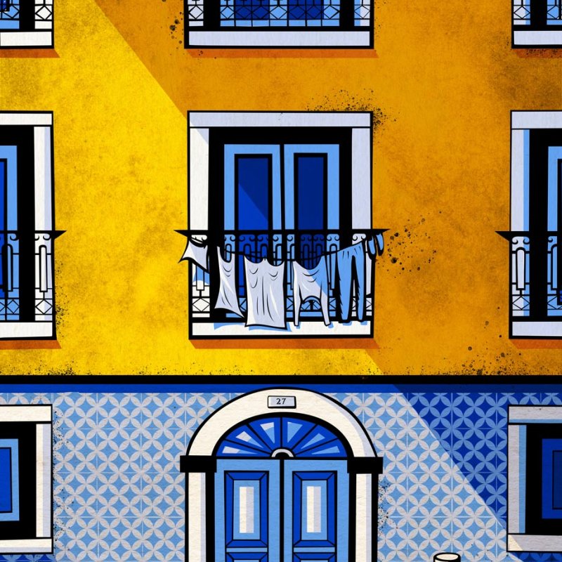 An illustration of a yellow building with a blue door in Lisbon. There is washing drying on the balcony.