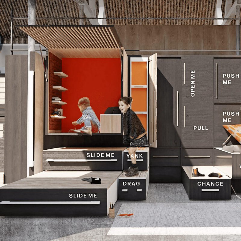 Interior Design mock up of children playing on shelving units by Falmouth University student