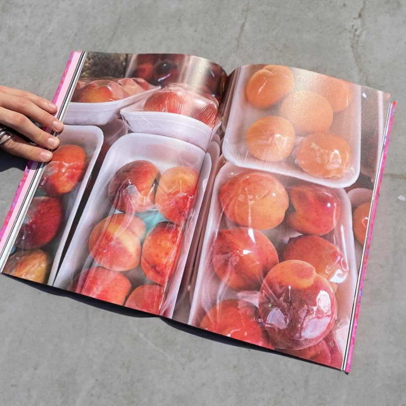 A book showing photos of peaches